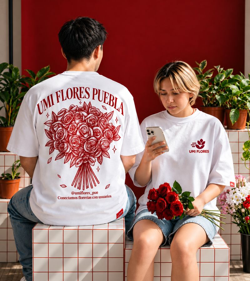 Dos personas con playeras de Umi Flores Puebla y un ramo de rosas rojas